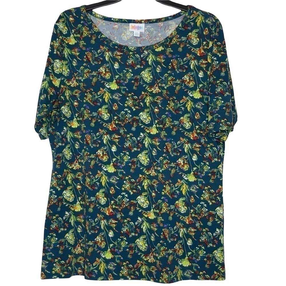 LULAROE - Gigi Teal/Yellow/Red Floral Scoop Neck Short Sleeve Top - Size 2XL
